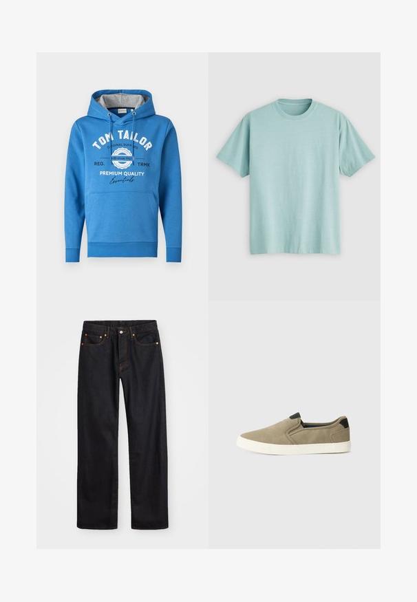 Modra kapuca ima sprednji žep, kapuco s vrvico in sivo notranjo podlogo. Natisnjeni logotip vključuje "TOM TAILOR" in "PREMIUM QUALITY."; Svjetloplava majica s kratkim rukavima i okruglim izrezom, napravljena od pamuka, s malim logotipom na lijevoj strani grudi. Glatka tekstura.; Moške črne kavbojke ravnega kroja z petimi žepi in oranžnim šivanjem, z gumbom in zadrgo na sprednjem pasu.; Taupe natikače z zgornjim delom iz teksturiranega materiala, kontrastnim črnim petnim delom in belim gumijastim podplatom. Luknjana zasnova za zračnost.