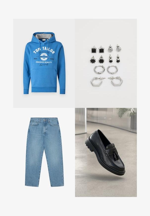 Den blå huvtröjan har en framficka, dragkedja för huvan och grått innerfoder. Det tryckta logot som inkluderar "TOM TAILOR" och "PREMIUM QUALITY."; Ljusblåa jeans i denim med rak modell, fem fickor och lätt urblekt textur. Har knapp- och blixtlåsstängning.; Svarta loafers i läder med slät yta, dekorativ tofs, tjock sula i gummi och sydda detaljer. Lätt och elegant design.; Sats med silverfärgade örhängen som består av två par hoops och sex par studs i olika former och texturer, inklusive svarta detaljer.