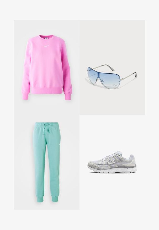 Sweatshirt rosa feito de tecido suave com punhos e bainha canelados. Apresenta um pequeno logótipo branco da Nike no peito. Design de gola redonda.; Calças de moletão verde menta com uma cintura elástica, cordão e punhos canelados. Apresenta um pequeno logotipo branco da Nike na coxa esquerda.; Sapatos atléticos cinza claro com parte superior em malha e sintético, apresentando um fecho de cordões, colarinho acolchoado e sola texturizada para aderência.; Óculos de sol aviador com lentes azuis em degradê, armação metálica prateada e detalhes decorativos de estrelas nas lentes. Design suave e elegante.