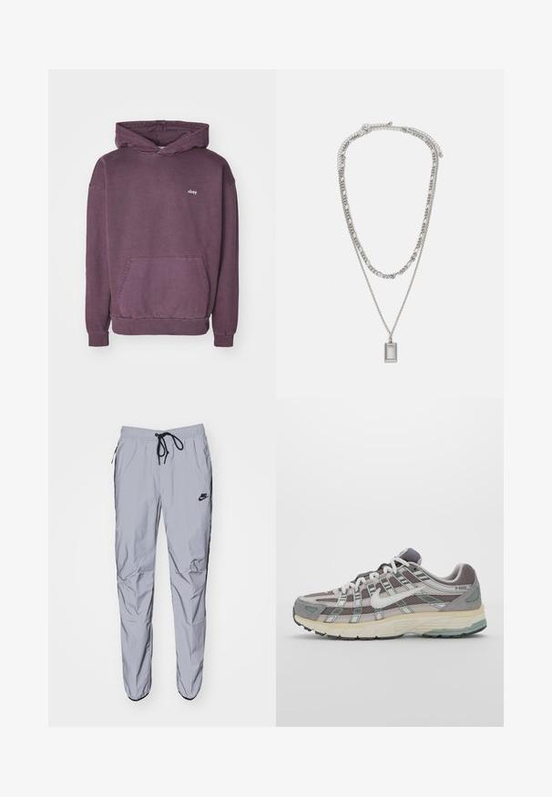 Obey Clothing UNISEX liliowy; Dwa bezrękawniki w ciemnoszarym i brązowym kolorze, uszyte z gładkiego materiału. Każdy z wysokim dekoltem i dopasowanym fasonem z kontrastowymi detalami szwów.; Jasnoszare dresy wykonane z gładkiego, lekkiego materiału z czarnymi akcentami. Posiadają elastyczny pasek w talii ze sznurkiem oraz boczne kieszenie.; Szare buty sportowe z siateczkowym i zamszowym wierzchem, białymi akcentami, amortyzowaną podeszwą oraz charakterystycznym designem z elementami odblaskowymi.; Srebrny naszyjnik z dwoma warstwami łańcuszków; wyposażony w prostokątny wisiorek o gładkiej powierzchni, prezentujący polerowane metalowe wykończenie.