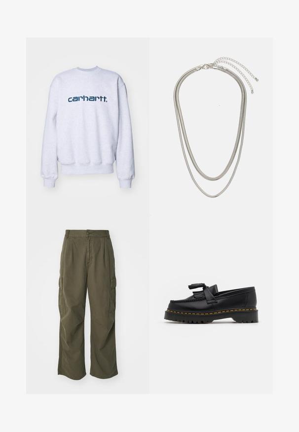 Carhartt WIP Sweatshirt - ash heather/duck blue; Olivenfargede cargo bukser, laget av bomull, med bred bendesign, folder og sidelommer for nytte.; Svart skinn loafers med en kvastdetalj, med en tjock svart sula och gul sömnad längs kanten. Texturerad yta.; Tre-lags sølvmetallkjede med elegante, fleksible kjeder med en svak glans, sikret med en krabbe-lås og justerbar kjede.