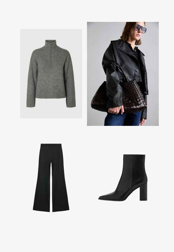 Grijze gebreide trui met een hoge kraag, voorzien van een ritssluiting en ribgebreide manchetten en onderrand. Zachte textuur en een ontspannen pasvorm.; Zwarte wijde-pijpen broek met een gladde textuur, gekenmerkt door voorplooien en een op maat gemaakte uitstraling. De stof is lichtgewicht en vloeiend.; Zwarte leren enkellaars met een spitse neus, vierkante hak, een gladde textuur en stikdetails langs de naden. De hakken zijn ongeveer 8,9 cm hoog.; DRAGON DIFFUSION SANTA CROCE BIG - Handtas - dark brown; Zwarte leren handschoenen met een gladde textuur, voorzien van naden langs de vingers en een getailleerd ontwerp. Zacht, soepel materiaal voor comfort.