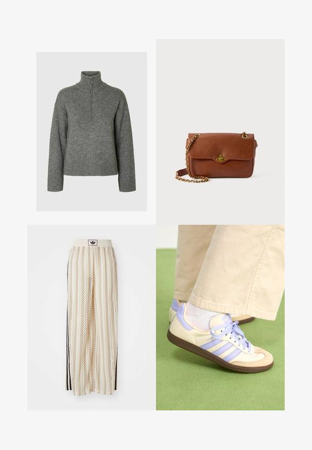 Gray knit sweater with a high collar, featuring a zip closure and ribbed cuffs and hem. Soft texture and relaxed fit.; Cream-colored wide-leg pants with a zigzag pattern, featuring a black logo waistband and side black stripes. Lightweight, textured fabric.; Cream and lavender sneakers with three stripes and a textured brown sole, featuring laces and a padded heel. Soft fabric upper.; Brown leather crossbody bag with a flap closure, gold hardware, and a chain strap. Smooth texture, rectangular shape, minimal detailing.