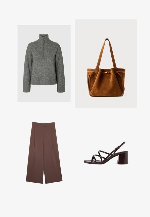 Grauer Strickpullover mit hohem Kragen, REißverschluss und gerippten Bündchen sowie Saum. Weiche Textur und lässige Passform.; Braune Weite-Leg-Hosen mit einer glatten Textur, hoher Taille und Vorderfalten. Der Stoff ist leicht und fällt locker.; Braune, geschnallte High-Heel-Sandalette mit einem dicken Absatz, die über eine glatte, glänzende Oberfläche und mehrere überkreuzte Riemen im Obermaterial verfügt.; Braune Wildleder-Umhängetasche mit zwei Griffen, einem Knopfverschlussriemen und einer entspannten, leicht schlaffen Form.