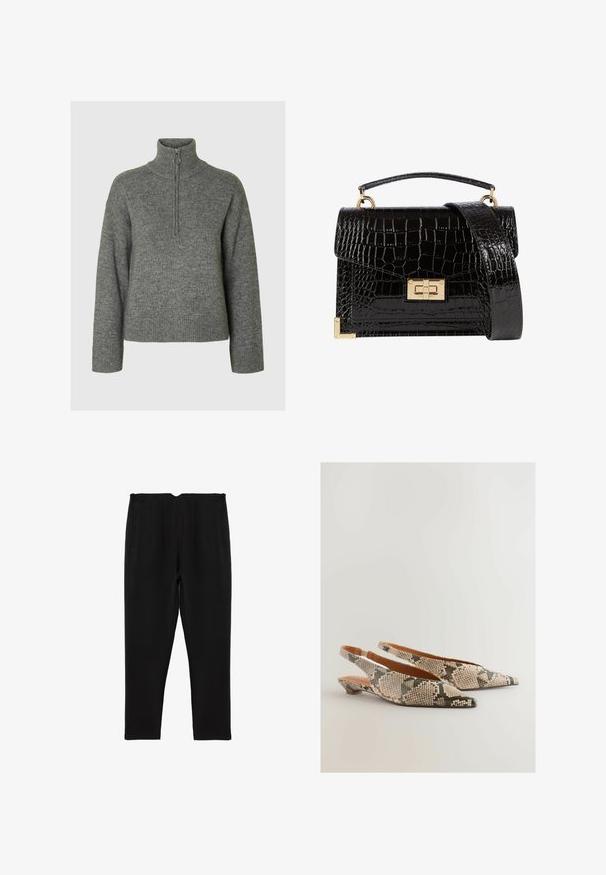 Grijze gebreide trui met een hoge kraag, voorzien van een ritssluiting en ribgebreide manchetten en onderrand. Zachte textuur en een ontspannen pasvorm.; Zwarte broek met een tailored ontwerp, voorzien van een platte tailleband, twee zijzakken en frontplooien, gemaakt van een gladde stof.; Next REGULAR FIT FOREVER COMFORT POINT TOE - Slingback ballerina´s - snake; Zwarte patenten leren handtas met een krokodillenstructuur, gouden hardware, een bovenhandvat en een afneembare schouderband. Rechthoekige vorm met een klepafsluiting.