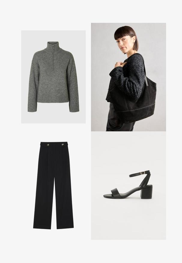 Pull en tricot gris avec un col montant, doté d'une fermeture éclair et de bords côtes aux poignets et à l'ourlet. Texture douce et coupe décontractée.; Pantalons larges noirs à taille haute, avec des détails de boutons à la taille et des plis sur le devant.; Sandale à talons noirs avec un dessus en cuir lisse, une ouverture à l'avant, de larges brides avant et une bride de cheville ajustable avec une boucle dorée.; Sac fourre-tout en daim noir avec une texture lisse, une forme structurée et des coutures contrastantes. Il dispose de longues poignées pour le port à l'épaule.