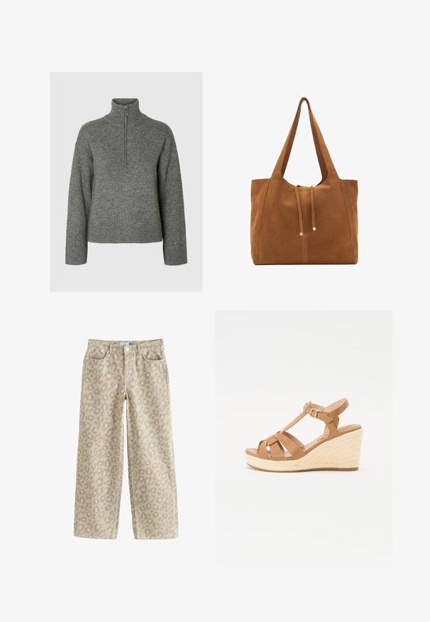Sivkasti pleteni pulover z visokim ovratnikom, ki ima zadrgo in rebraste manšete ter roba. Mehka tekstura in sproščen kroj.; Bež jeans hlače s širokimi nogavicami, ki imajo subtilen leopardji vzorec, so izdelane iz bombaža z gladko teksturo, z sprednjimi žepi in zapiranjem na gumb v pasu.; Sandalice z večjim peto v bež barvi z navzkrižno naramnicami, nastavljivim paščkom okoli gležnja in teksturirano pleteno espadrillo-stil peto.; Rjava semiš torba z dvema dolgima ročajema, z vrvico za zapiranje in minimalističnim dizajnom. Gladka tekstura in brez vidnih kovinskih dodatkov.