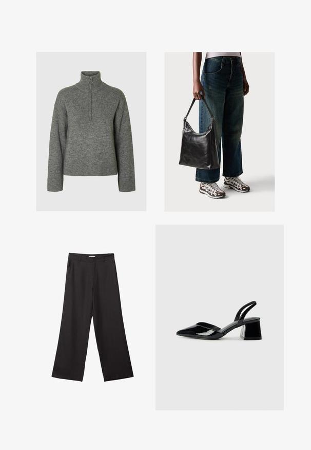 Grå strikket sweater med høj krave, der har lynlås lukning og ribbede manchetter og kant. Blød tekstur og afslappet pasform.; Sorte bukser med vidde, lavet af glat stof, med en frontlynlås og to sidelommer, i en skræddersyet pasform og minimalistisk design.; Sorte patentlæder slingback hæle med spids tå og en geometrisk blok hæl. Har et elegant, minimalistisk design og en glat tekstur.; Sort læder skuldertaske med en glat tekstur og justerbar skulderrem, parret med faded brede bukser og atletiske sneakers.