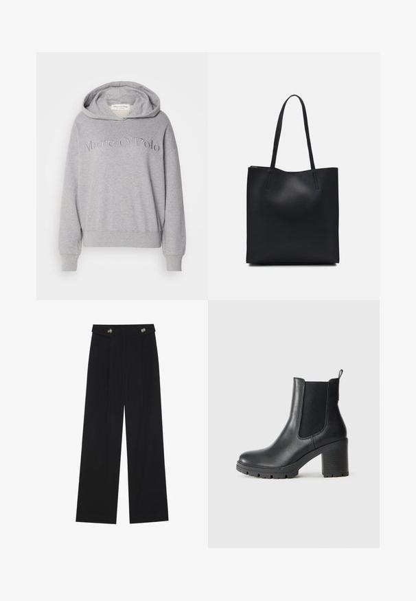 Light gray hooded sweatshirt with ribbed cuffs and hem, featuring embroidered "Marc O'Polo" text across the front in a matching shade.; Black wide-leg trousers with high waist, button details on waistband, and front pleats.; Black leather ankle boot with elastic side panels, chunky rubber sole, and a high block heel. Features a pull tab on the back.; Black leather tote bag with smooth texture, rectangular shape, and two long handles. No visible hardware or embellishments.