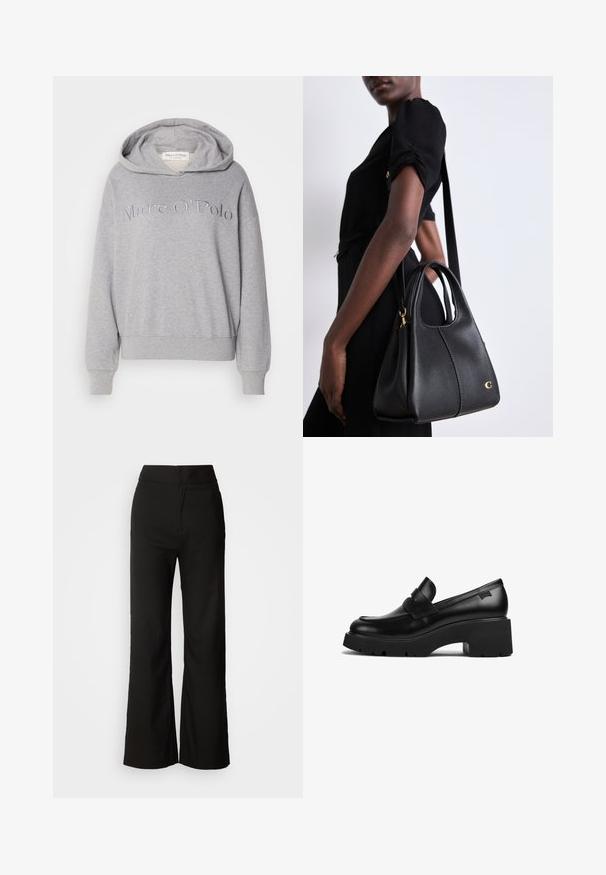 Světlé šedé mikina s kapucí, s žebrovanými manžetami a lemem, s vyšitým textem "Marc O'Polo" vpředu ve stejné barvě.; Černé kalhoty se širokými nohavicemi, hladkou texturou, vysokým pasem a čistým designem. Bez viditelných kapes nebo ozdob.; Černý kožený mokasín s robustním podpatkem a silnou podrážkou, s páskovým detailem přes horní část, zobrazený z boku na bílém pozadí.; Černá kožená kabelka ve tvaru hobo, s hladkým povrchem, zaobleným vrškem a zlatými kovovými detaily.
