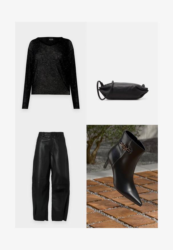 Top preto de manga comprida com decote em V, feito de tecido leve com detalhes metálicos dispersos para um aspeto texturizado.; Calças de couro preto com um ajuste solto, apresentando um design de perna reta, bolsos frontais e detalhes de costura visíveis.; Bota de tornozelo em couro preto com bico fino e salto pequeno. Apresenta um detalhe em corrente dourada no tornozelo. Cercada por uma superfície de pedra texturizada.; Carteira de mão em couro preto com formato retangular, textura suave, alça de ombro fina e design minimalista.