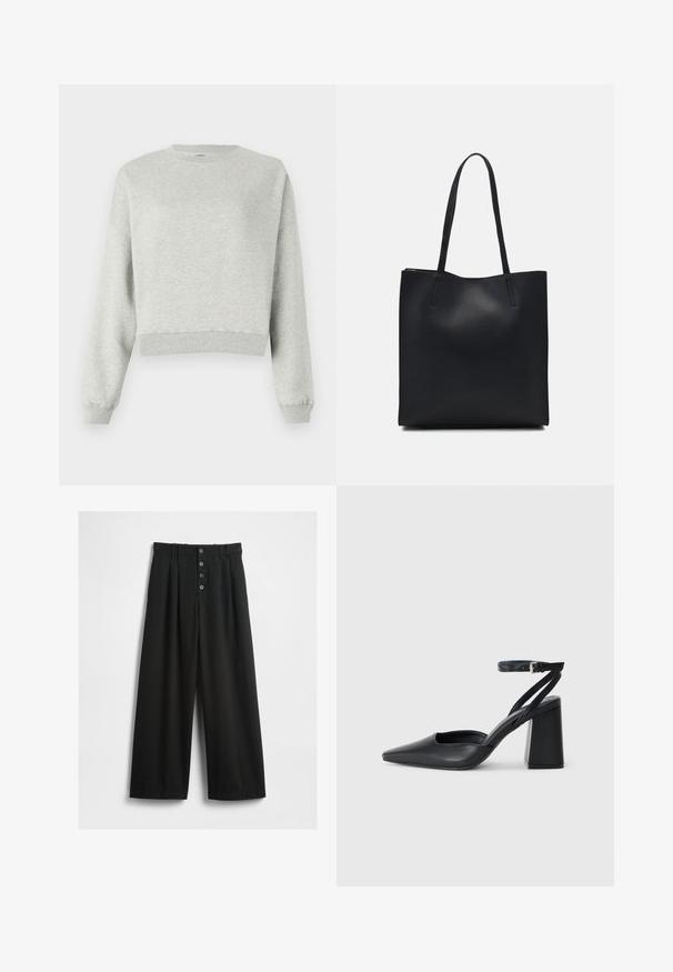 Szürke pulóver puha, texturált anyagból. Kerek nyakkivágással, hosszú ujjakkal és cropped hem-mel rendelkezik. Egyszerű dizájn, nincs minta vagy díszítés.; Texturált anyagból készült széles lábú fekete nadrág. Magas derekú, öt gombos elülső záródással és a részleteket kiemelő pliszézett betétekkel rendelkezik.; Fekete bőr, hegyes orrú magassarkú cipő boka pánttal és vastag sarokkal. Sima textúra, elegáns dizájn és minimális esztétika.; Fekete bőrtáska sima felszínnel, téglalap alakú, két hosszú füllel. Nincs látható fémkiegészítő vagy díszítés.