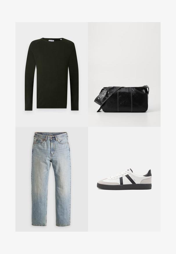 Tume roheline pikakäiselline kudumisülikond, millel on ümber lõigatud kaelus, tekstuuriga kangas ja sobivad varrukalõpud. Sildil on nähtav kaelus.; Heledad hele sinine teksapükste kõrge vöökoht, ees nupuga, lukuga ja viie taskuga disain, asetatud tasasele neutraalsele taustale.; Valged tossud mustade ja hallide aktsentidega, tekstureeritud halli varbakattega, musta kummitald ja lamedad valged paelad. Puhtad jooned, minimalistlik stiil.; Must mustra nahkainine õlakott, millel on tõmblukk, tekstureeritud pind, valged õmblused ja rihm hõbedaste rõngastega.