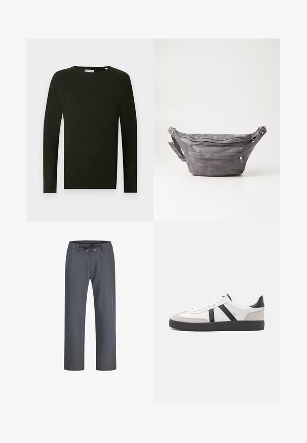 Temnozeleni dolg rokav pulover s okroglim izrezom, ki ima teksturirano tkanino in prilegajoče manšete. Oznaka vidna na vratu.; Sive, elastične hlače z gumico in vezalko. Ravnina noge, izdelane iz gladkega materiala, imajo minimalne šive in brez vidne strojne opreme.; Bela športna obutev z črnimi in sivo akcenti, z teksturirano sivo kapico za prste, črnim gumijastim podplatom in ravnimi belimi vezalkami. Čista zasnova, minimalistični slog.; Sivkasta zamšasta torbica s okroglo obliko, dvema žepoma na zadrgo in nastavljivim trakom. Ima kovinske dodatke.