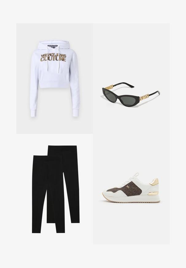 Hanorac alb scurt cu glugă ajustabilă prin șnur. Prezintă un logo cu tonuri de aur "VERSACE JEANS COUTURE" pe față și manșete și tiv cu texturi ribbate.; Leggings negre dintr-un material elastic, cu o talie fără cusături și un design slim fit, potrivite pentru îmbrăcăminte casual sau exerciții fizice.; Adidași albi cu panou din țesătură cu model maro, accente din hardware aurie, vârf rotund, design cu șireturi și talpă din cauciuc texturat.; Ochelari de soare negri în formă de ochi de pisică, cu lentile întunecate, dotati cu accente geometrice aurii pe brațe și o finisare mată elegantă.