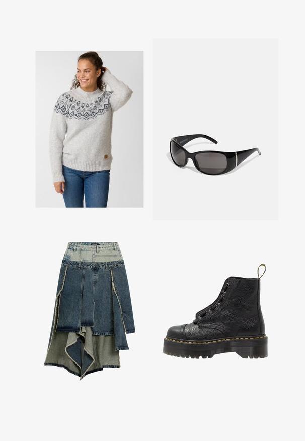 Lichtgrijze gebreide trui met een patroon op de schouders in donkergrijs. Geribde manchetten en zoom, met een klein leren merkteken aan de zijkant.; Zwarte damesjas met lange mouwen, voorzipper, brede manchetten en een kraag, plat gelegd op een lichtgrijze achtergrond.; Denimrok met een patchworkontwerp in verschillende tinten blauw en groen, rafelige randen, een asymmetrische zoom en meerdere panelen.; Zwarte leren enkelboot met een gestructureerd oppervlak, ronde neus, vetersluiting, gele stiksels en een dikke, geribbelde zwarte plateauzool.; Zwarte zonnebril met glanzende kunststof montuur, graden grijze lenzen en zilverkleurige accenten aan de zijkanten. Strak, gebogen ontwerp.; Desigual Handtas - black