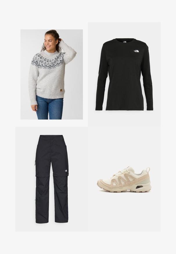 Vaaleanharmaa neulepusero, jossa on tummanharmaa kuvioitu yoke. Resorit hihoissa ja helmassa sekä pieni nahkainen logotagi sivussa.; Musta pitkähihaisen t-paita, joka on valmistettu puuvillasta ja jossa on pyöreä kaula-aukko. Vasemmassa rinnassa on pieni valkoinen logo. Yksinkertainen muotoilu ja istuvuus.; Mustat nailonista valmistetut irrotettavat cargo-housut säädettävillä lahkeilla, useilla taskuilla ja logolla oikeassa jalassa. Liukas, kevyt rakenne.; Beige ja kreemi värvi sportlikud jalanõud, millel on tekstiilne mesh ülemine osa, toetavad ülekatted ja kummist tald, millel on mustripattern haardeks.