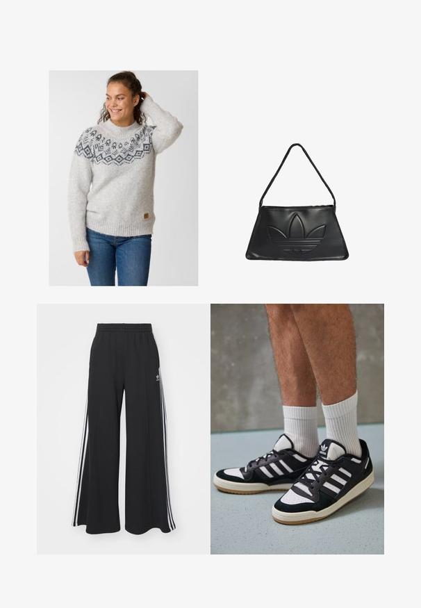 Hellgrauer Strickpullover mit einem gemusterten Passe in Dunkelgrau. Rippbündchen und -saum sowie ein kleines Lederlogo-Tag an der Seite.; Schwarze weite Sweatpants mit elastischem Bund, versehen mit weißen Seitestreifen und einem gestickten Logo auf dem linken Oberschenkel.; Schwarz-weiße Sneaker mit einem Obermaterial aus Wildleder und Leder, ausgestattet mit drei weißen Streifen, einer perforierten Zehenpartie und einer Sohle aus Gummi.; Schwarze Lederhandtasche mit trapezförmiger Form, ausgestattet mit einem erhöhten Adidas-Logo-Design und einem dünnen Schultergurt. Reißverschlussöffnung an der Oberseite.