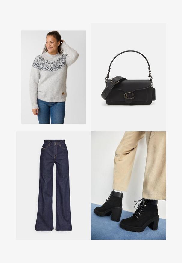 Maglione lavorato a maglia di un grigio chiaro con un motivo sul giromanica di colore grigio scuro. Polsini e orlo a coste, con una piccola etichetta in pelle sul lato.; Jeans a gamba larga di denim blu scuro con vita alta, caratterizzati da cuciture arancioni, design a cinque tasche e chiusura con bottone.; Stivaletti neri in suede con tacco spesso, punta rotonda e occhielli in argento, caratterizzati da un colletto in pelle nera opaca e una suola texturizzata.; Borsa a tracolla nera in pelle con superficie testurizzata, tracolla regolabile e accessori in argento. Presenta una patta frontale con chiusura a clip.