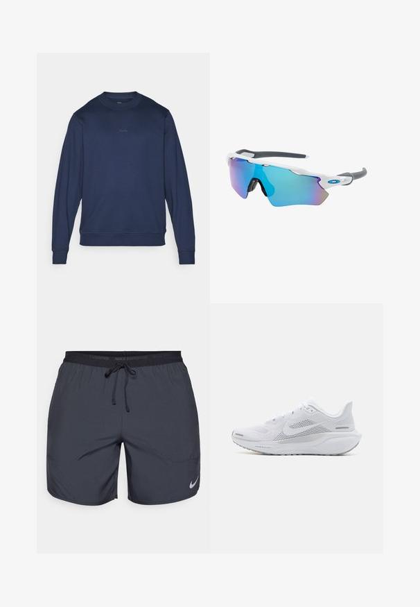 Tmavě modrá mikina z bavlněné směsi, s kulatým výstřihem, dlouhými rukávy a decentním logem na hrudi, doplněná žebrovanými manžetami a spodním lemem.; Běžecké šortky Nike v tmavě šedé barvě, se zakončením na gumu a tkaničkou a stříbrným logem na dolní části pravé nohavice.; Bílé sportovní boty s síťovaným svrškem, hladkými texturovanými překryvy, šedými akcenty, tkaničkami a polstrovanou podrážkou navrženou pro výkon.; Sluneční brýle s bílým rámečkem, šedými akcenty a modrými zrcadlovými čočkami. Sportovní design, obepínající tvar a nastavitelné nosní podložky.