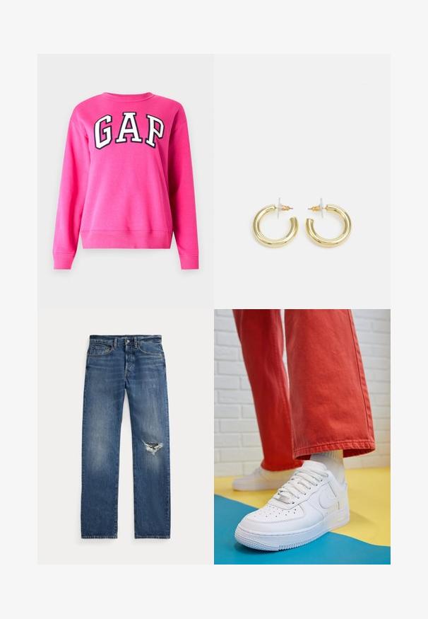 GAP HERITAGE CREW - Bluză de molton - super pink neon; Jeans bleumarin din denim cu talie medie, cinci buzunare și o ruptură desfăcută la genunchiul drept.; Tenis alb din piele cu fanta pe vârful piciorului, talpă texturată și șireturi albe, purtat cu pantaloni larga roșii și un fundal albastru și galben.; Cercei cercuri din aur cu un finisaj neted și strălucitor. Design circular cu un mic suport și un spate transparent pentru o purtare sigură.