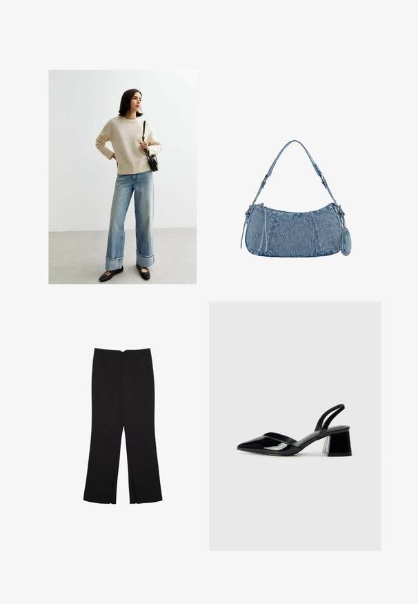 Maglione beige a maglia con orlo a coste, jeans azzurri larghi con risvolti, e ballerine nere. Il modello tiene in mano una piccola borsa nera.; Pantaloni neri a gamba dritta, con tasche frontali e spacchi laterali all'orlo. Realizzati in tessuto morbido e liscio. Adatti a diverse occasioni.; Décolleté in vernice nera con punta affusolata e tacco in geometria cubica. Presentano un design elegante e minimalista, con una texture liscia.; Borsa in denim con forma curvata, colore azzurro chiaro, tracolla regolabile e una piccola pochette staccabile con accenti metallici.