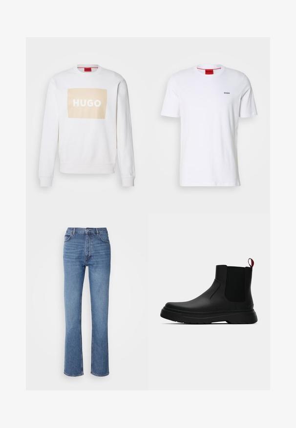 Sudadera blanca con un logo rectangular en tono beige pastel que dice "HUGO" en blanco. Presenta un cuello redondo y puños acanalados. Tejido suave y texturizado.; Camiseta de algodón blanca de mangas cortas, con un escote redondo y pequeño logo negro "HUGO" en el lado izquierdo del pecho. Presenta una etiqueta en el cuello interior de color rojo.; Jeans de mezclilla azul con cintura alta, diseño de pierna recta y un ligero desgaste. Presentan un estilo clásico de cinco bolsillos y un cierre de cremallera.; Botín negro con un acabado liso, paneles laterales elásticos y una lengüeta de tirón roja contrastante, que presenta una suela de goma gruesa y punta redondeada.