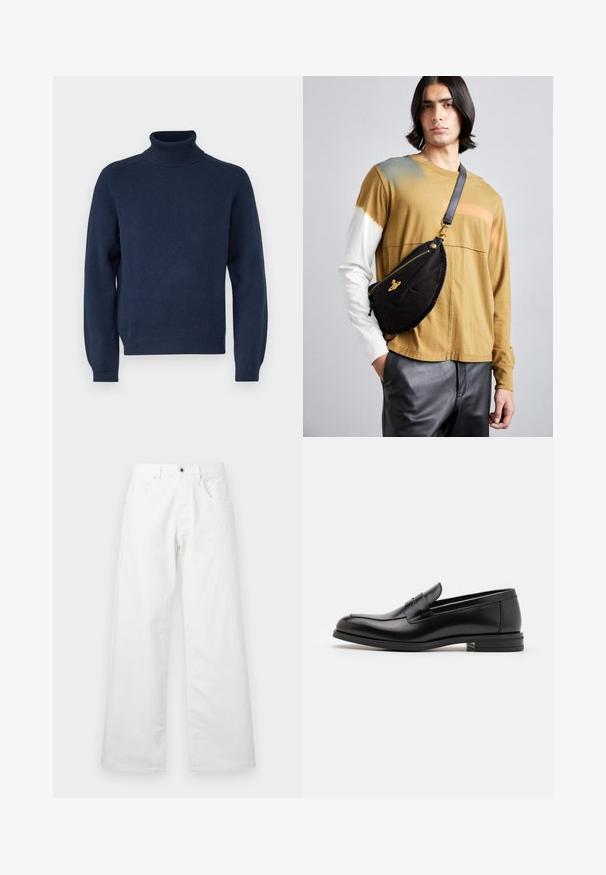 Navyblauer Rollkragenpullover aus weichem Strickstoff. Mit langen Ärmeln sowie gerippten Bündchen und Saum. Einfaches, zeitloses Design.; Weiße Denim-Hosen mit geradem Bein, ausgestattet mit zwei vorderen Taschen und einem Knopfverschluss. Glatte Textur mit einem leicht verwaschenen Finish.; Schwarze Lederloafers mit glatter Textur, rundem Zehenbereich und einem dekorativen Riemen über dem Vorderfuß. Niedriger, gestapelter Absatz, minimalistisches Design.; Vivienne Westwood CITY BUMBAG UNISEX - Gürteltasche - black