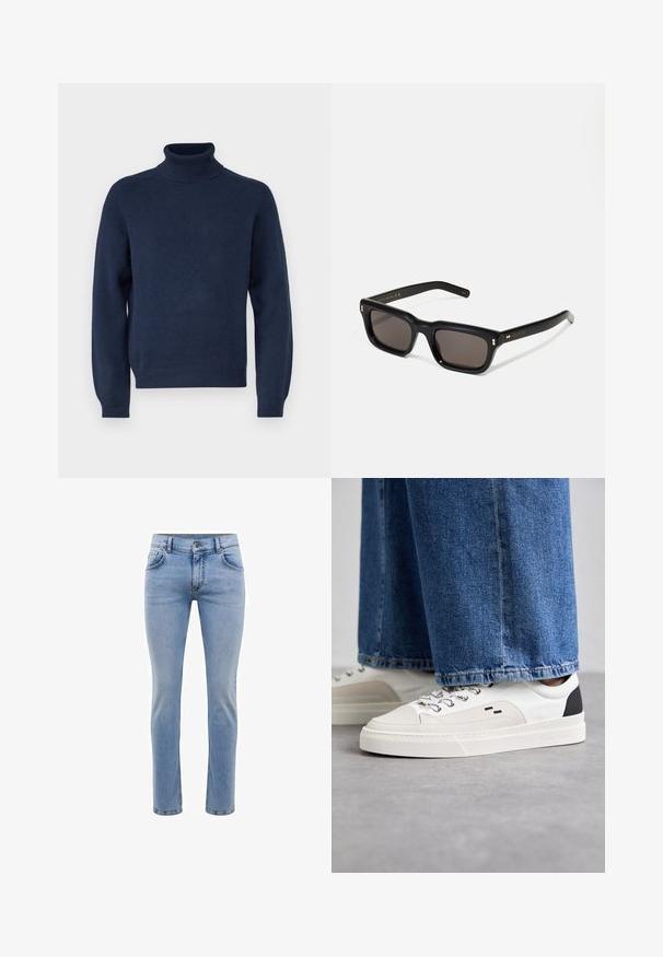 Navyblauer Rollkragenpullover aus weichem Strickstoff. Mit langen Ärmeln sowie gerippten Bündchen und Saum. Einfaches, zeitloses Design.; Hellblaue, slim-fit Jeans aus Denim mit fünf Taschen und geradem Bein. Mit Reißverschluss und Gürtelschlaufen ausgestattet. Weicher Stoff.; Weiße und schwarze Sneaker mit einem Obermaterial aus glattem Leder, strukturierten Akzenten und einer massiven weißen Sohle. Verfügt über ein klassisches Schnürdesign.; Schwarze rechteckige Sonnenbrille mit dunklen Gläsern, dickem Kunststoffrahmen, goldenen Akzenten an den Bügeln und eingraviertem Markenlogo am Arm.