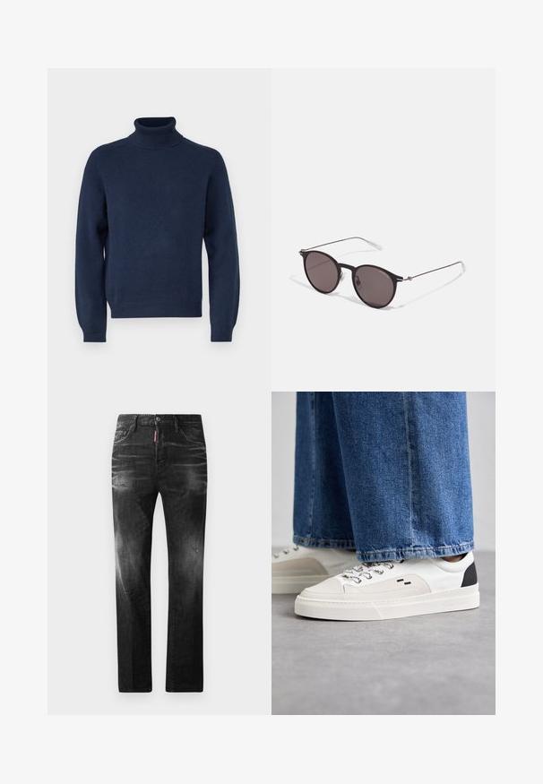 Navyblauer Rollkragenpullover aus weichem Strickstoff. Mit langen Ärmeln sowie gerippten Bündchen und Saum. Einfaches, zeitloses Design.; Schwarze Jeans aus Denim mit geradem Schnitt. Verfügt über ausgebleichte Bereiche, leichte Abnutzung, klassisches Fünf-Taschen-Design und einen Knopfverschluss.; Weiße und schwarze Sneaker mit einem Obermaterial aus glattem Leder, strukturierten Akzenten und einer massiven weißen Sohle. Verfügt über ein klassisches Schnürdesign.; Schwarze runde Sonnenbrille mit dunklen Gläsern und schlanken Metallbügeln. Enthält klare Tempelspitzen und silberne Akzente am Scharnier. Minimalistisches Design.