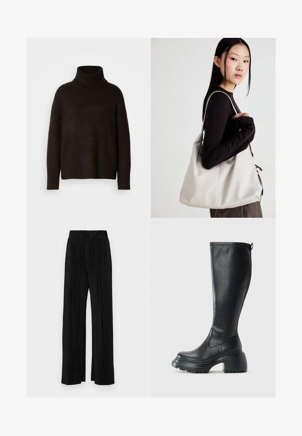 Sötétbarna garbós pulóver, texturált kötött anyagból készült, laza szabással és bordázott mandzsettákkal, valamint szegéllyel rendelkezik.; Fekete pliszírozott nadrág gumis derekkal. Széles lábakkal rendelkezik, sima, texturált anyagból készült, függőleges csíkokkal.; Magas fekete bőrcipő, vastag platform talppal és blokk sarokkal, húzófüllel és texturált profillal az outsole-on.; Puha anyagból készült bézs kézitáska, laza dizájnnal, varrott részletekkel és két vállpánttal. Mindennapi használatra alkalmas.