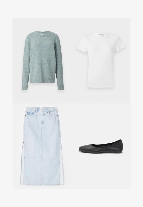 Világoskék, gyapjú pulóver kerek nyakkivágással és hosszú ujjakra. Bordázott mandzsetta és szegély, puha tapintású és letisztult dizájnú.; Fehér pamut póló kerek nyakkivágással és rövid ujjal, laza fazonban és minimalista dizájnnal. A címke látható a nyakán.; Világoskék farmer maxi szoknya egyenes szabással, oldalsó hasítékokkal és öt zsebes kialakítással. Kiemelkedő varrás és fém gombos zárás.; Fekete bőr balettcipő lekerekített orral, sima tekstúrával, minimális varrással és rugalmas talp kialakítással.