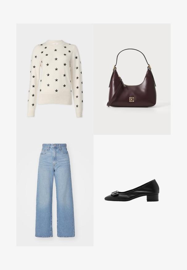 Creme trui met een ronde hals, versierd met zwarte, verstelbare sterren die gelijkmatig over de voorkant en de mouwen zijn verspreid. Ribgebreide manchetten en zoom.; Lichtblauwe high-waist wijde jeans met een knoop- en ritssluiting aan de voorkant, voor- en achterzakken, op een witte achtergrond.; Zwarte leren pump met een spitse neus, een kleine blokhak en decoratieve gespdetails op de wreef. Soepele textuur en eenvoudig ontwerp.; Bordeaux leren handtas met een gebogen vorm, gouden accenten op het beslag en een ritssluiting. Voorzien van een afneembare schouderriem.