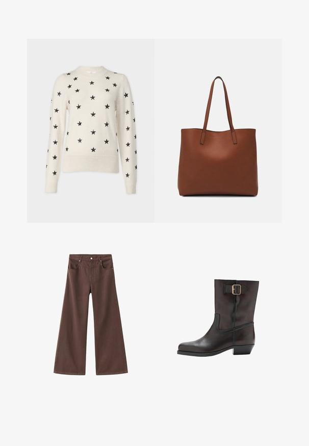 Kremasti pulover s okruglim izrezom, ukrašen crnim šljokicama u obliku zvijezda ravnomjerno raspoređenim po prednjem dijelu i rukavima. Rebrasti manžeti i donji rub.; Smeđe široke traperice izrađene od denima. Imaju pet džepova, patentni rajsferšlus i metalne zakovice. Glatka tekstura i klasičan dizajn.; Crne kožne gležnjače s okruglim prstom, niskim blok petom, bočnim elastičnim panelom i zlatnim kopčom na remenu oko gležnja.; Smeđa kožna torba preko ramena s glatkom teksturom, otvorenim vrhom i dvjema naramenicama. Ima minimalne šavove i nema vidljivog hardvera.