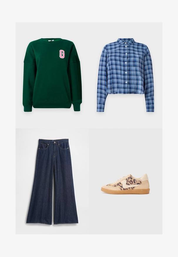 Sweatshirt verde, mistura de algodão, com decote redondo, ombros caídos, apresenta a letra "G" bordada em rosa no lado esquerdo do peito. Corte clássico.; Camisa cropped de manga longa em padrão xadrez azul e preto, com colarinho pontudo e botões brancos na frente, sobre um fundo branco.; Calças de ganga de perna larga em azul escuro. Apresentam cintura alta, cinco bolsos e costuras contrastantes. Textura suave com bainha limpa.; Sapatilhas com padrão de leopardo, parte superior em camurça bege, sola de borracha castanha e detalhes brancos. Bico redondo e design com atacadores, com um acabamento texturizado.