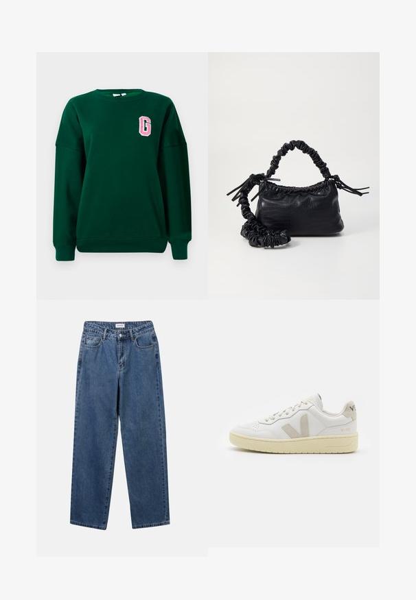 Green sweatshirt, cotton blend, crew neck, dropped shoulders, features a pink embroidered letter "G" on the left chest. Classic fit.; Classic blue denim jeans with a straight-leg design, five pockets, and a button closure. Features a medium wash and sturdy texture.; White leather sneaker with beige suede accents, perforated toe box, flat laces, and a textured cream sole. Features subtle branding on heel.; Black faux leather handbag with a crocodile texture, cinched top, and a scrunched strap. Appears soft and compact in design.
