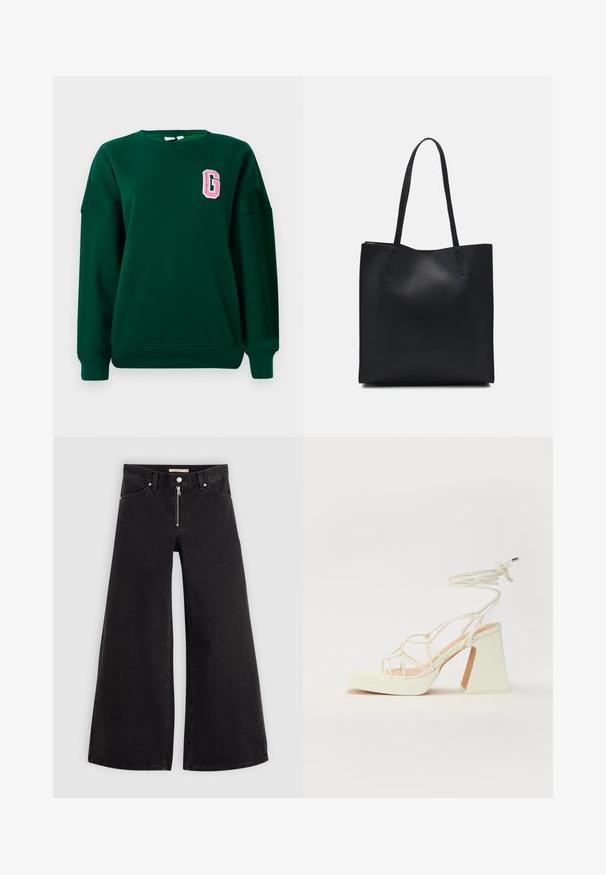 Grønn hettegenser i bomullsblanding, rund hals, senkede skuldre, har et rosa brodert bokstav "G" på venstre bryst. Klassisk passform.; Vide benbukser i sort denim med glidelås i front, fem-lomme design og subtile sømdetaljer. Glatt tekstur og avslappet stil.; Hvit høyhælte sandal med kraftig hæl, med en stroppe-design og ankelbånd. Glatt tekstur med plattform foran for ekstra høyde.; Svart lær tote bag med glatt tekstur, rektangulær form og to lange håndtak. Ingen synlige deler eller dekorasjoner.