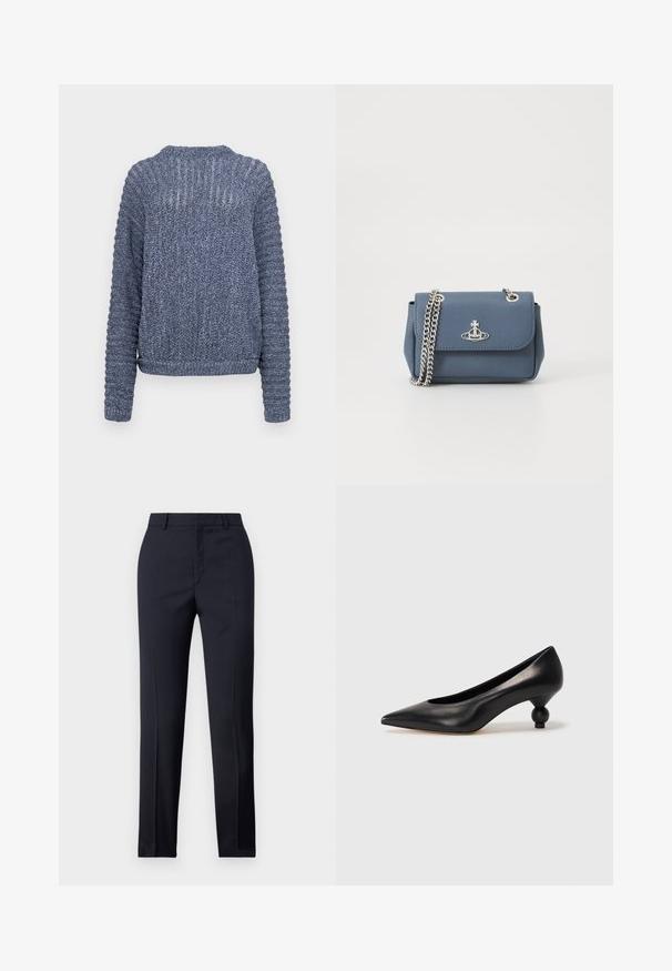 Stickad marinblå tröja med långa ärmar, ribbad textur och vävda detaljer längs axlarna och ärmarna. Rundad halsringning.; Marinblå skräddarsydda byxor med rak passform, med en slät textur, två framfickor och en ren midjeband.; Svart läderhögklackad sko med spetsig tå och rund, bollformad klack. Slät yta med en elegant, minimalistisk design.; Blå texturerad fusk läderhandväska med en silverkedjeslits och en logotypaccent på framsidan. Spänne med lockdesign.