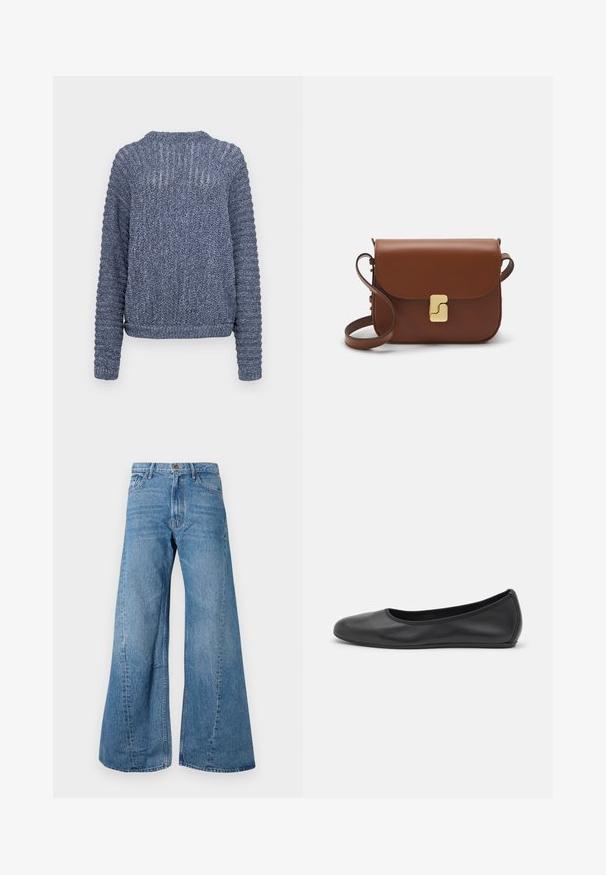 Knitted navy blue sweater with long sleeves, ribbed texture, and woven details along the shoulders and sleeves. Crew neck design.; Wide-leg blue denim jeans with a high waist, featuring classic five-pocket styling and slight fading for texture.; Black leather ballet flat with a rounded toe, smooth texture, minimal stitching detail, and a flexible sole design.; Brown leather handbag with a flap closure, gold-tone hardware, a shoulder strap, and a smooth texture. Compact rectangular shape.