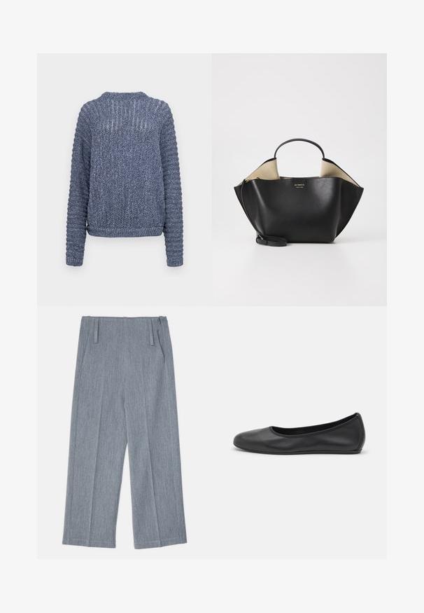 Pletený tmavě modrý svetr s dlouhými rukávy, žebrovanou texturou a tkanými detaily na ramenech a rukávech. Design s kulatým výstřihem.; Svetle šedé, široké kalhoty vyrobené z texturované tkaniny, s dvěma předními sklady a dvěma bočními kapsami. Čistý, upravený design.; Černé kožené baletní byty s kulatou špičkou, hladkou texturou, minimálními švy a flexibilním designem podrážky.; Ree Projects ANN TOTE MINI - Kabelka - black