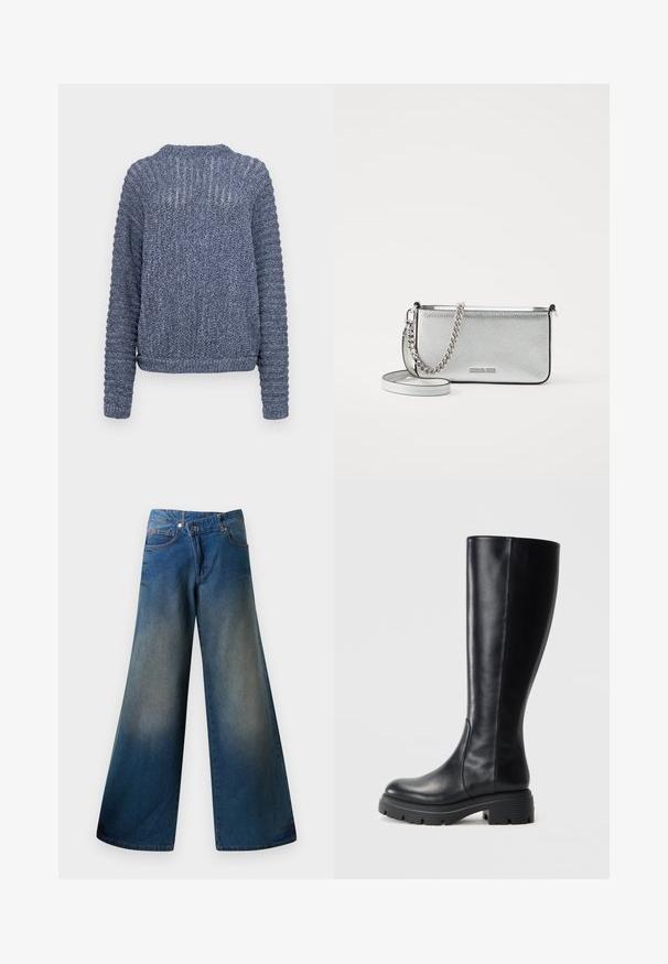 Mėlynas megztinis su ilgomis rankovėmis, su šonkačių tekstūra ir audiniais išilgai pečių ir rankovių. Suapvalintos apykaklės dizainas.; Plati kojinės mėlynos džinsinės kelnės, pagamintos iš džinsinio audinio, su šiek tiek išblukusiu paviršiumi, matomomis siūlėmis, dviem priekinėmis kišenėmis ir mygtuko uždarymu.; Juodi iki kelių siekiantys batai, pagaminti iš lygaus odos, su apvalia nosimi ir masyviais guminiais padais su protektoriaus raštais, užtikrinančiais sukibimą.; Sidabrinė odinė per petį nešiojama rankinė su tekstūruotu paviršiumi, grandinėlės ir dirželio akcentais, bei užtrauktuko uždarymu. Priekinėje pusėje yra logotipas.