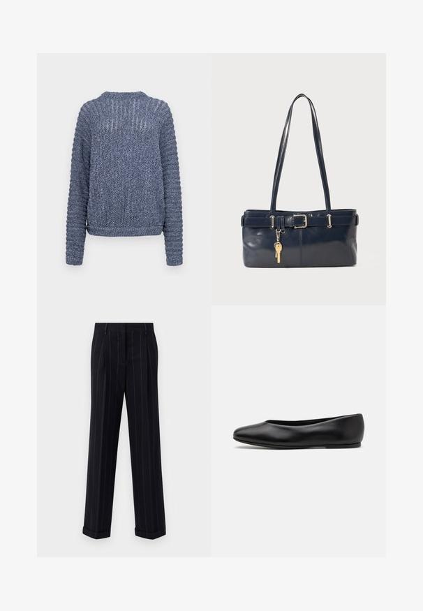 Pulover tricotat de culoare bleumarin, cu mâneci lungi, textură rib și detalii împletite pe umeri și mâneci. Design cu gât rotund.; Pantaloni negri cu dungi, cu o croială adaptată, având o tivă cu manșetă și pliuri frontale. Construiți dintr-un material neted cu un design structurat.; Paul Smith TOPANGA - Balerini - black; Geantă de piele bleumarin cu două mânere lungi, detaliu cu cataramă și un breloc atașat. Are o textură netedă și o formă rectangulară.
