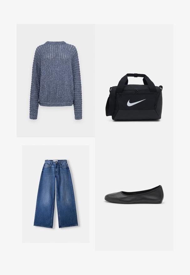 Pleteni svetlo modri pulover z dolgimi rokavi, rebrasto teksturo in tkani detajli ob ramenih in rokavih. Oblika z okroglim izrezom.; Bershka WIDE-LEG - Široke hlačnice - dark blue; Črne usnjene balerinke z zaobljenim nosom, gladko teksturo, minimalnimi šivi in fleksibilno zasnovo podplata.; Črn torba na ramo iz gladkega blaga, z dvema zadrgama, oblazinjenimi ročaji in velikim belim logotipom Nike na sprednji strani.