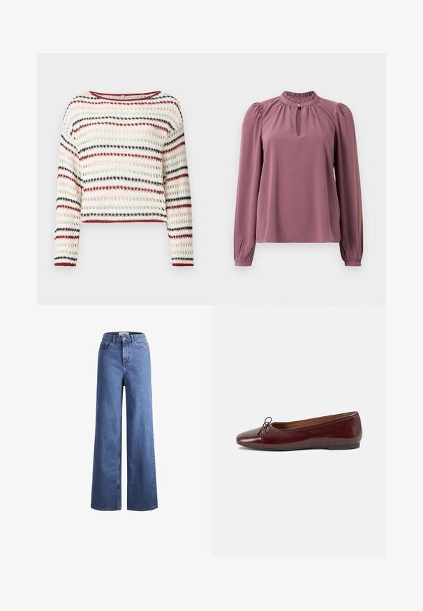 Pulover croșetat cu mâneci lungi, decolteu rotund; prezintă dungi alternative în culoarea crem, roșu, bleumarin și roz deschis; model texturat.; Bluză cu mânecă lungă în nuanța mauve, cu guler plisat, decolteu în formă de cheie cu închidere cu buton și umeri ușor bufanți.; Jeans din denim de culoare albastră deschisă, cu croială largă și talie înaltă, prevăzuți cu două buzunare frontale și cusături vizibile. Au închidere cu nasture și fermoar.; Balerini din piele patent burgund cu vârful rotund, accent de fundiță mică în față și talpă joasă din cauciuc negru. Textură netedă.