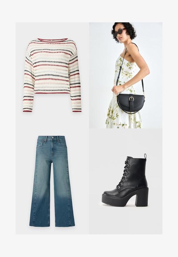 Hæklet sweater med lange ærmer, rund halsudskæring; har skiftende striber i creme, rød, navy og lyserød; tekstureret mønster.; Bredde jeans i en medium blå vask, med en gradient effekt fra mørkere til lysere. Lavet af denim med et traditionelt fem-lomme design.; Sort læder ankelstøvle med en kraftig blokhæl, snørebånd foran og struktureret overflade. Har en flap på bagsiden for nem påtagning.; Sort læderhåndtaske med en buet form, aftagelig rem og guldfinish. Tasken har en klap med en spænde detalje.