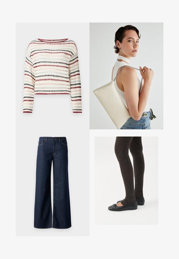 Hæklet sweater med lange ærmer, rund halsudskæring; har skiftende striber i creme, rød, navy og lyserød; tekstureret mønster.; Bredde ben jeans i mørkeblå denim. Har kontrastsyninger, fem lommer og en knaplukning i taljen. Glat tekstur.; Sorte flade sko med en lille sløjfedetalje ved tåen, parret med mørkebrune ribbede strømpebukser. Skoene har en glat overflade og lav profil.; Hvid rektangulær clutch-taske lavet af skinnende materiale, med en sølv kædetransport. Modellen poser, mens hun fremviser tasken mod en ensfarvet baggrund.