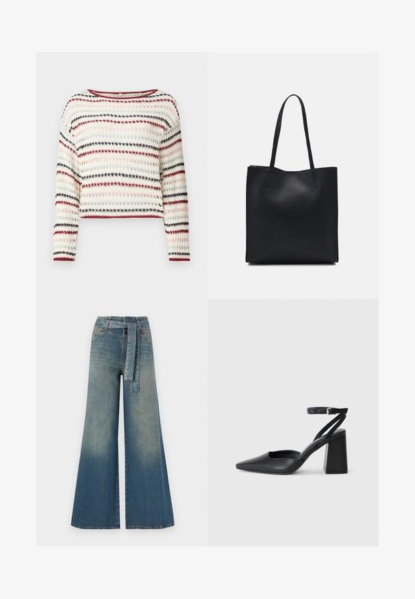 Crochet sweater with long sleeves, round neckline; features alternating stripes in cream, red, navy, and light pink; textured pattern.; Wide-leg denim trousers featuring a light to dark blue gradient, high waist, belt loops, and a matching fabric belt. Textured denim finish.; Black leather pointy-toe pump with an ankle strap and a chunky heel. Flat texture, sleek design, and minimalistic aesthetics.; Black leather tote bag with smooth texture, rectangular shape, and two long handles. No visible hardware or embellishments.
