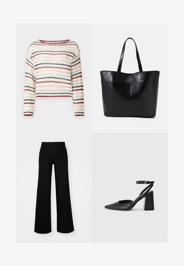 Crochet sweater with long sleeves, round neckline; features alternating stripes in cream, red, navy, and light pink; textured pattern.; Black wide-leg pants made of denim, featuring a structured waistband, belt loops, and front pockets. Smooth texture with a classic design.; Black leather pointy-toe pump with an ankle strap and a chunky heel. Flat texture, sleek design, and minimalistic aesthetics.; Black leather tote bag with two long handles, a smooth texture, and a structured shape. Features a front pocket for additional storage.