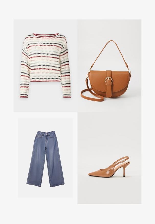 Crochet sweater with long sleeves, round neckline; features alternating stripes in cream, red, navy, and light pink; textured pattern.; Wide-leg denim jeans in a light blue wash, featuring a high waist, front pockets, and a button closure with belt loops.; Pointed toe slingback heel in a smooth, glossy tan material. Features a curved cutout design and a slender stiletto heel. Silver buckle detail.; Brown leather crossbody bag with a curved shape, gold hardware, and a buckle accent. Features a detachable shoulder strap.