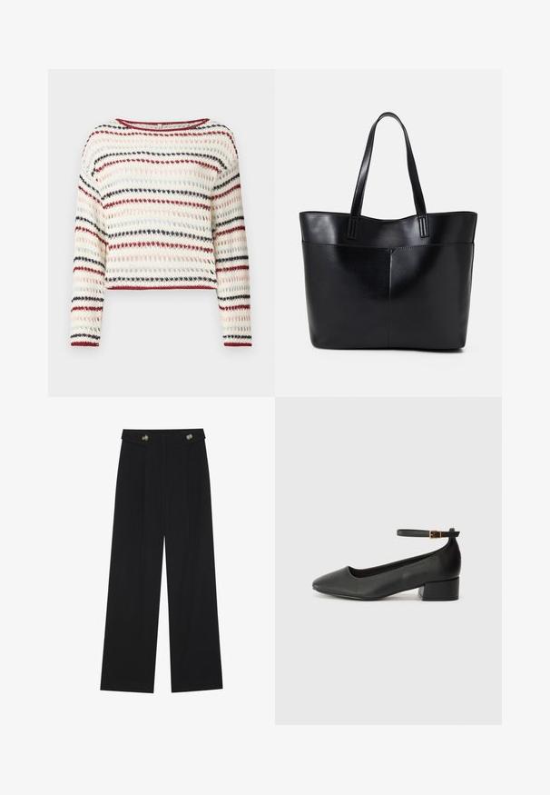 Pull en crochet à manches longues, encolure ronde ; présente des rayures alternées en crème, rouge, bleu marine et rose clair ; motif texturé.; Pantalons larges noirs à taille haute, avec des détails de boutons à la taille et des plis sur le devant.; Escarpin en cuir noir avec un bout pointu et un petit talon bloc. Doté d'une bride de cheville avec une boucle dorée. Texture lisse.; Sac fourre-tout en cuir noir avec deux longues poignées, une texture lisse et une forme structurée. Dispose d'une poche avant pour un rangement supplémentaire.